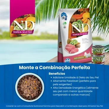 Racao N-D Tropical Selection Caes Adultos Mini Suino e Cereais monte a combinacao perfeita